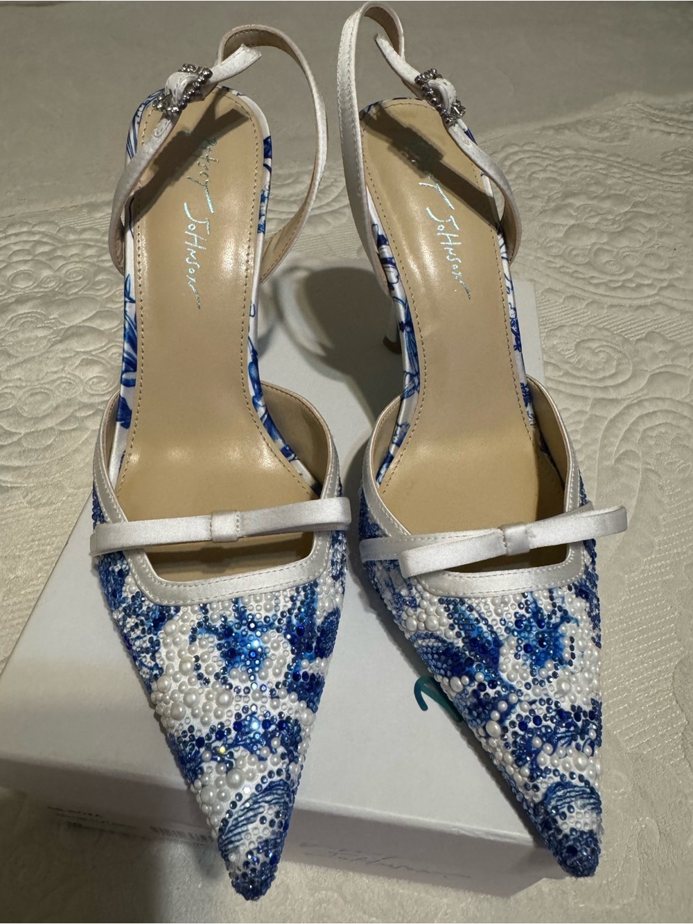 Betsey Johnson White & Blue Beaded Pointed Slingback Heels